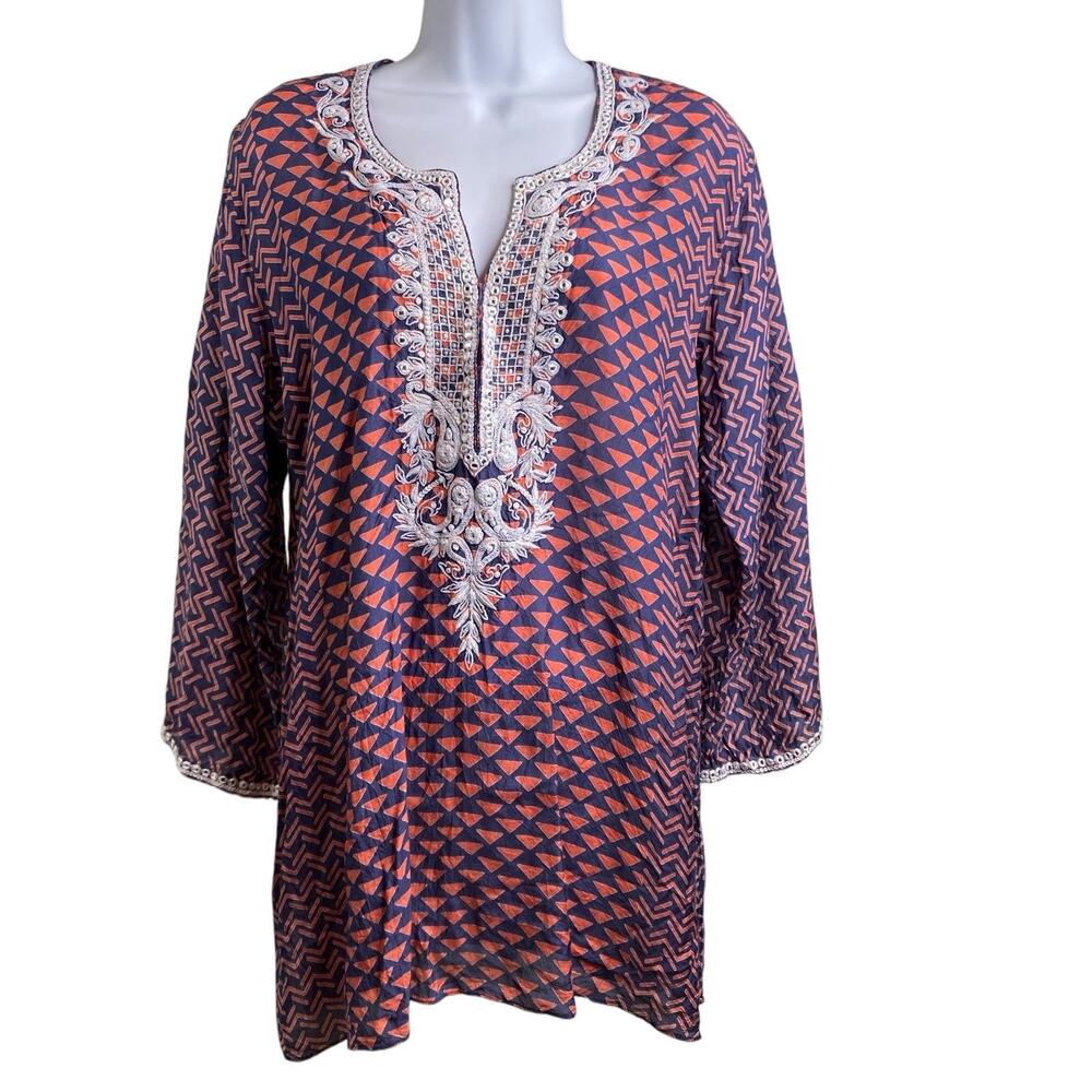 SULU COLLECTION Women's Silk Embroidered Tunic Top Size 14 Old‎ Money Preppy